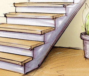 Parkettstufe – Illustration einer verkleideten Betontreppe mit Holzbelag